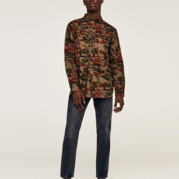 Zara Man Camo Denim Shirt Brown Embroidered Tiger Relaxed Fit Casual Mens Small - Picture 10 of 11